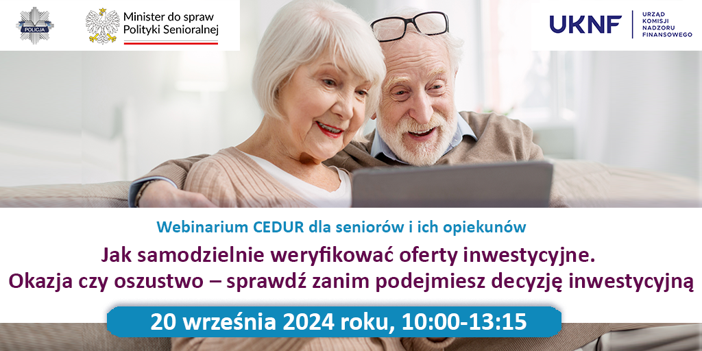 Grafika - Urząd KNF - webinarium CEDUR dla seniorów i ich opiekunów - 20 września 2024 roku